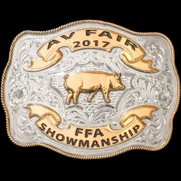 The Des Moines Belt Buckle is the perfect polished trophy buckle for your event. Crrafted with timeless western class, features a shiny silver plated finish with golden banners and customizable figure. Order now!